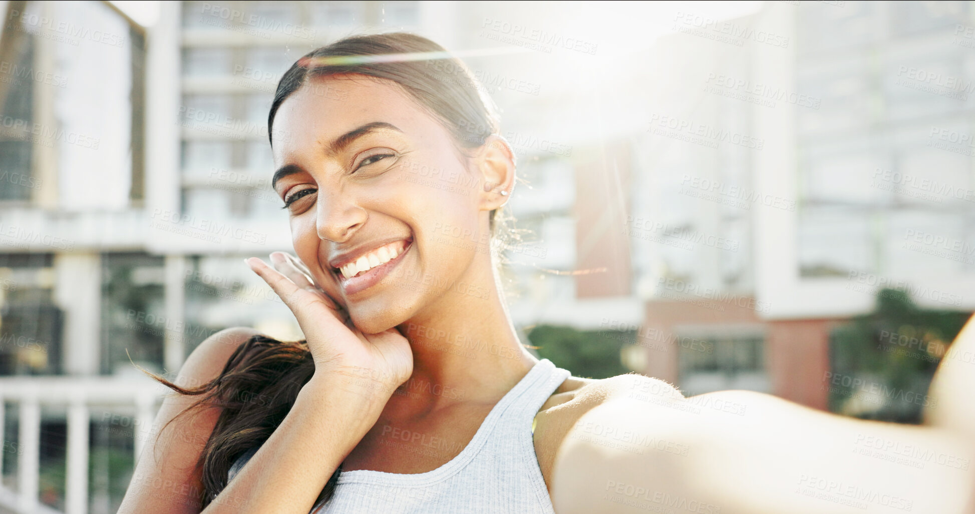 Buy stock photo Fitness, portrait and woman in city with selfie, smile and workout or exercise for training break on social media. Happy influencer, runner and girl in profile picture for online post or health vlog