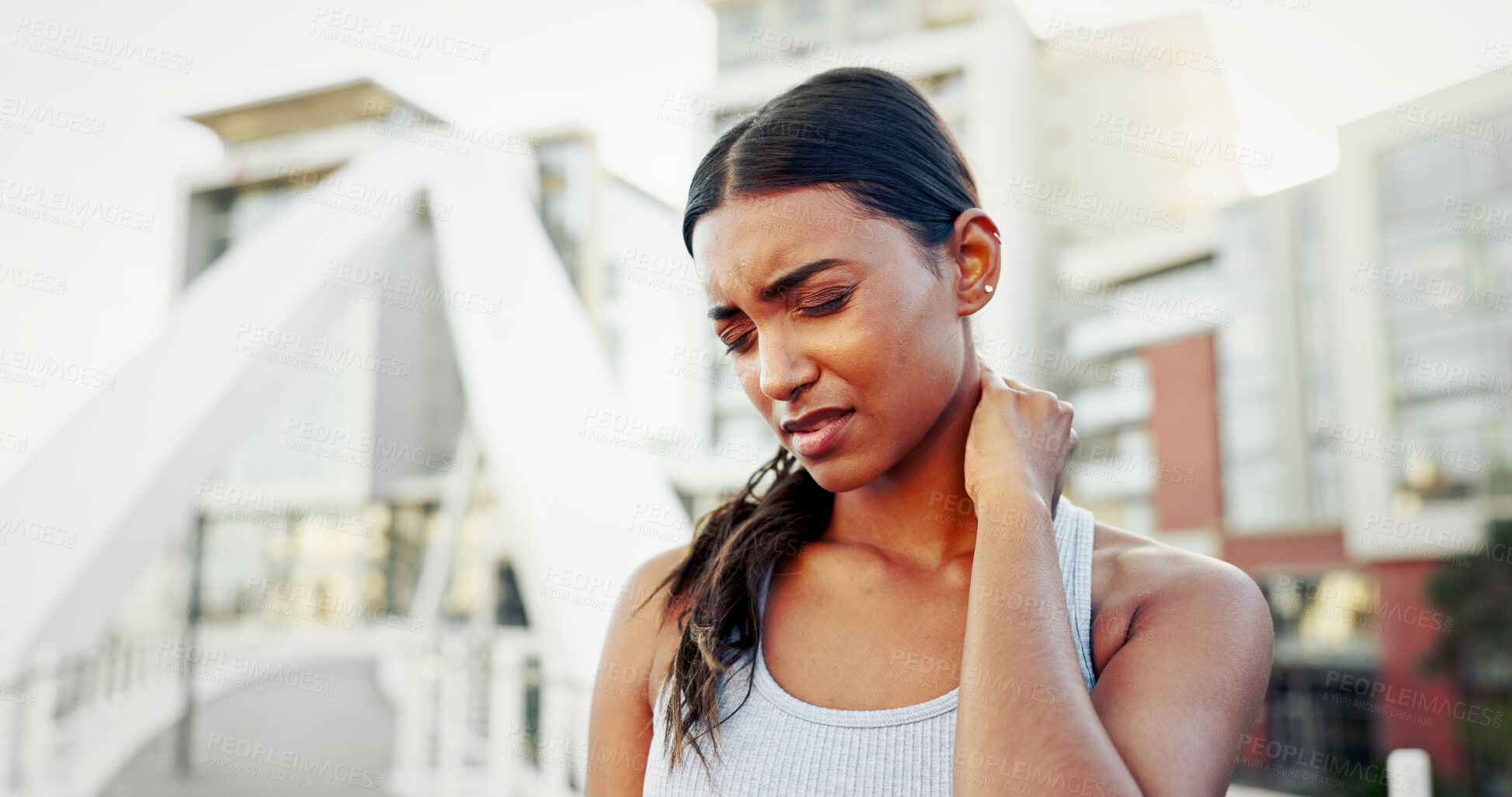 Buy stock photo Runner, neck pain and injury or accident with workout, strain and exercise in city. Woman, athlete and stretching with ache, sore or bruise with inflammation and outdoor training for fitness in town