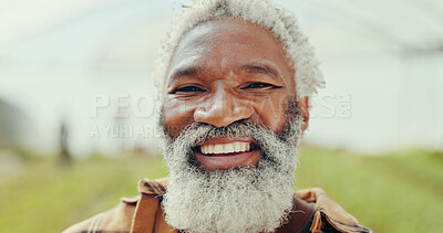 Buy stock photo Happy, natural and portrait of man in greenhouse for agriculture, eco friendly or sustainable produce. Smile, environment and face of mature African male farmer for indoor gardening with vegetables.