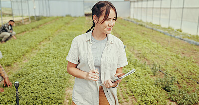 Buy stock photo Greenhouse, production and tablet with woman on farm for agriculture, sustainability and growth. Environment, summer and eco friendly with person for field inspection, quality control and health