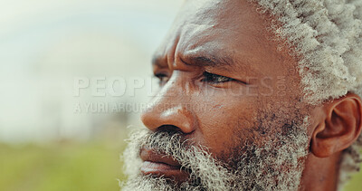 Buy stock photo African man, farmer and thinking for sustainability, ecology or vision in greenhouse or agriculture. Mature, male person and planning for season, planting or closeup as small business or entrepreneur