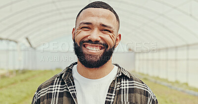 Buy stock photo Happy, agribusiness and portrait of man in greenhouse for sustainable, eco friendly or natural produce. Smile, environment and face of male farmer from Mexico for indoor gardening with vegetables.