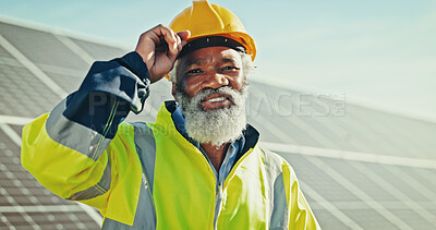 Buy stock photo Black man, outdoor and solar technician in portrait, energy saving and supervisor for panel maintenance. Mature person, renewable power supply and nature for ecology project, safety helmet and grid