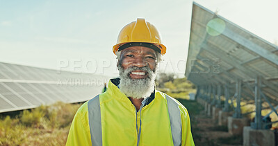 Buy stock photo Solar panels, smile and technician with black man in nature for photovoltaic, renewable energy or power generator. Sustainability, electric system or engineer with portrait of person for inspection