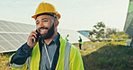Engineer smile, solar energy and man with phone call for photovoltaic plate feedback and troubleshooting. Electrical worker, client communication or network integration for quality assurance on field