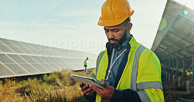 Buy stock photo Solar panel, outdoor and man with tablet, engineering and thinking with online reading. Inspector, employee and professional in field, technology or internet with digital app for maintenance schedule