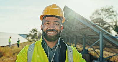 Buy stock photo Man, portrait and solar site at farm, energy saving and supervisor for panel maintenance. Male person, renewable power supply and outdoor for ecology project, safety helmet and grid development