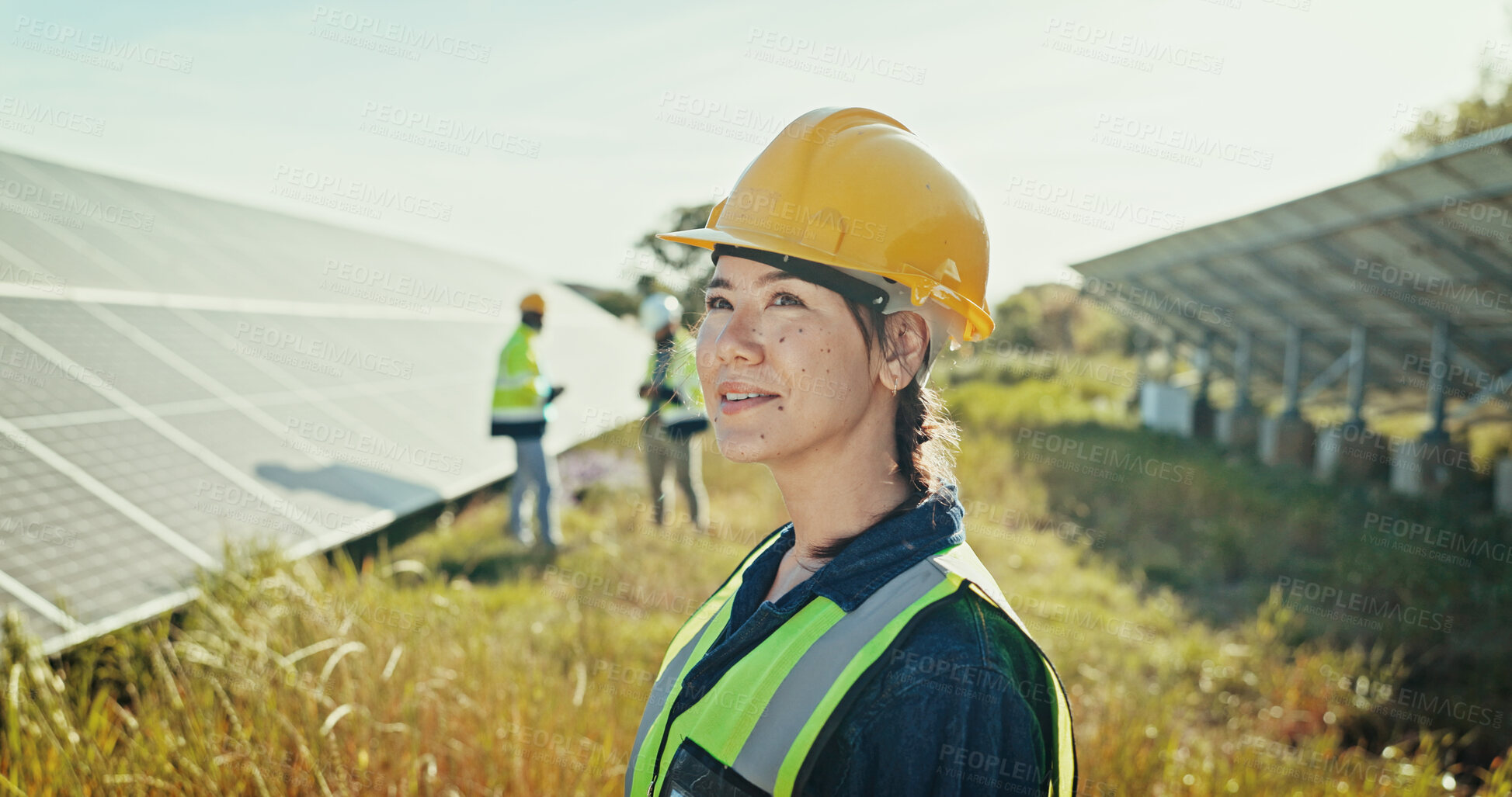 Buy stock photo Solar panels, thinking and field with woman, sustainability and professional. Person, outdoor and employee with hard hat, eco friendly or quality control with inspection, decision and countryside