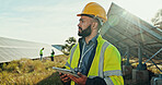 Solar panel, thinking and man with tablet, inspector and network with problem solving. Quality control, employees and professional in field, tech and internet with digital app for online schedule