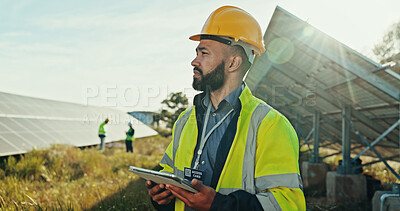 Buy stock photo Solar panel, thinking and man with tablet, inspector and network with problem solving. Quality control, environment or employees in field, tech and eco friendly with sustainability or online schedule