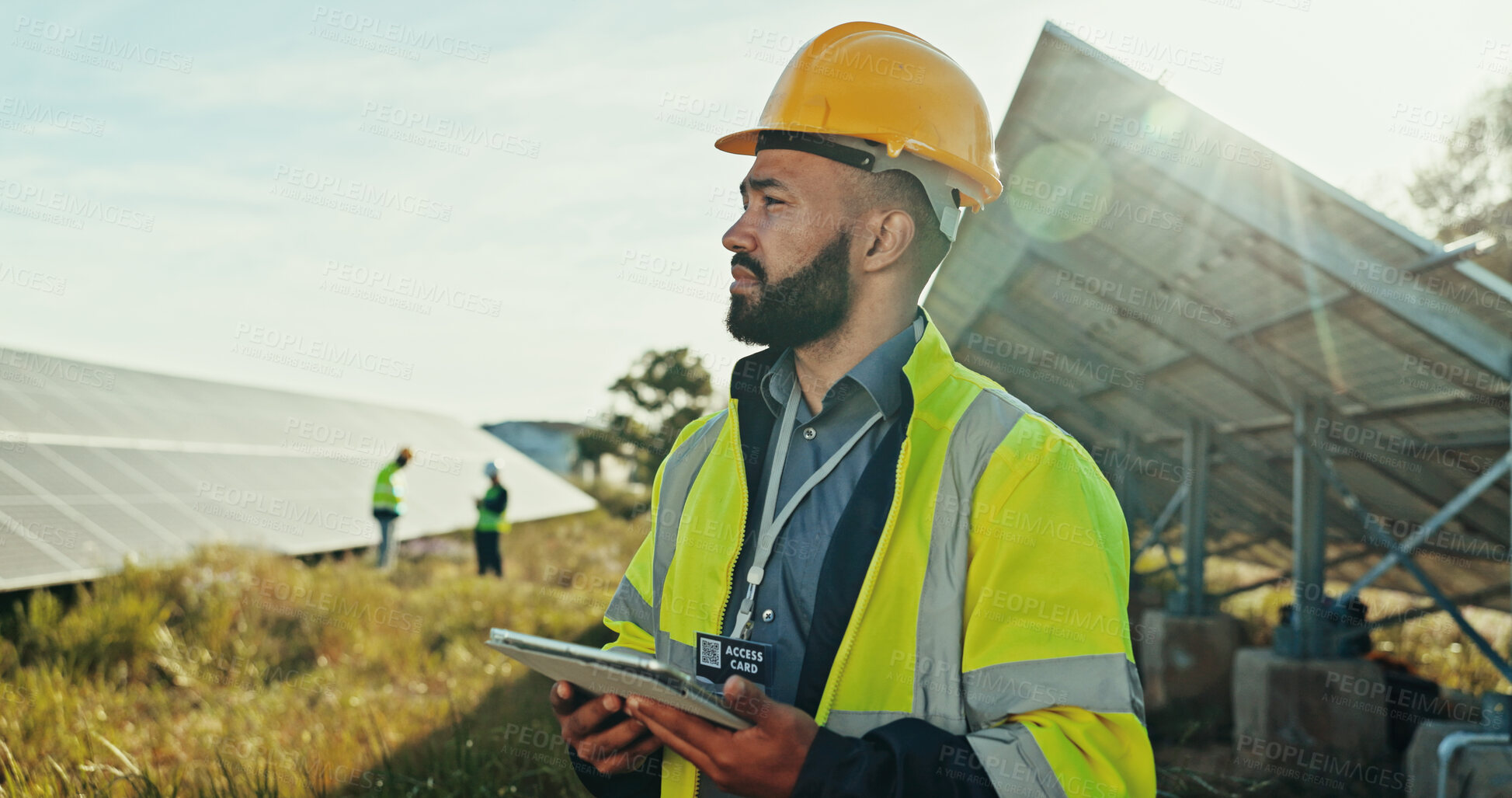 Buy stock photo Solar panel, thinking and man with tablet, inspector and network with problem solving. Quality control, environment or employees in field, tech and eco friendly with sustainability or online schedule