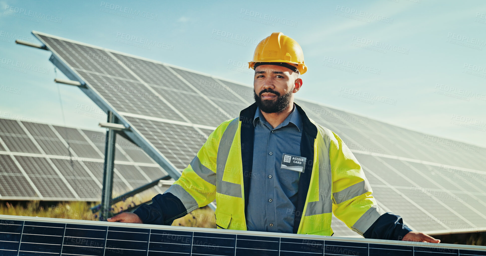 Buy stock photo Solar panels, portrait and technician with man in nature for photovoltaic grid, renewable energy or power generator. Sustainability, electric system or engineer with person and outdoor for inspection