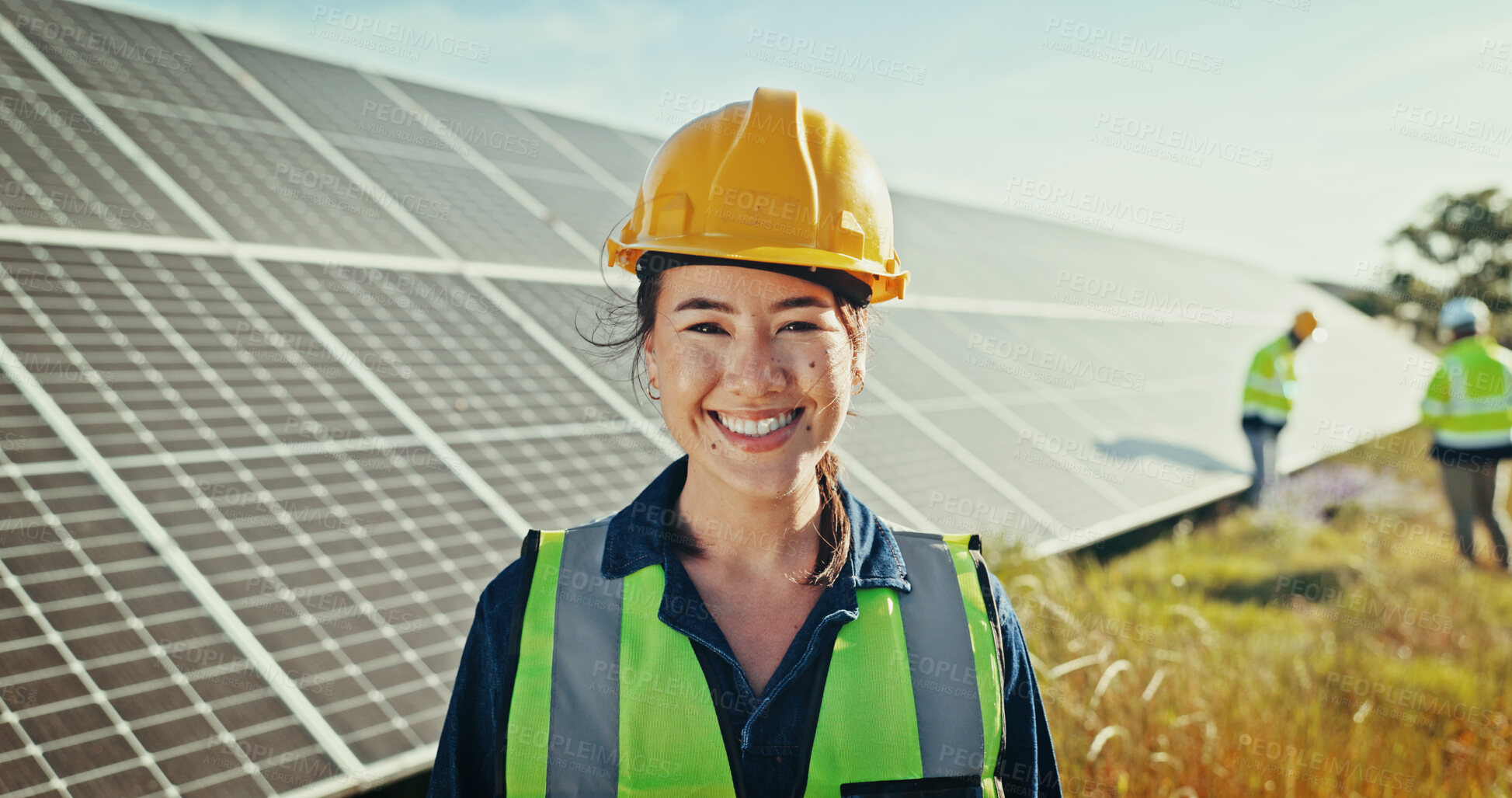 Buy stock photo Woman, portrait and solar engineer at farm, energy saving and supervisor for panel maintenance. Female person, renewable power supply and outdoor for ecology project, safety helmet and grid field