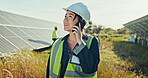 Worker, solar energy and woman with phone call outdoor for photovoltaic plate inspection and maintenance feedback. Technician, talking and planning network integration and quality assurance on field