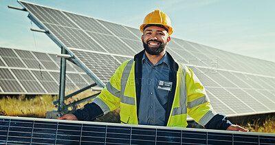 Buy stock photo Man, portrait and worker with solar panel at farm, energy saving and supervisor for maintenance. Male person, renewable power supply and outdoor for ecology project, safety helmet and grid system