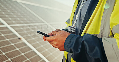 Buy stock photo Person, hands and technician with phone for solar panel software, installation or photovoltaic app. Closeup, engineer or electrician typing with mobile smartphone for renewable energy or platform