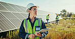 Solar panel, countryside and woman with tablet, thinking and solution with problem solving. Inspector, employees or professional with choice, tech or internet with app for online schedule or decision