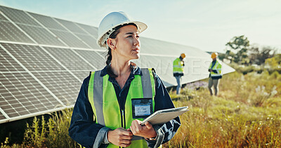 Buy stock photo Solar panel, countryside and woman with tablet, thinking and solution with problem solving. Inspector, employees or sustainability with choice, tech or quality assurance for online schedule or decide