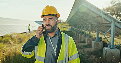 Buy stock photo Technician, solar energy and man with phone call outdoor for photovoltaic grid inspection and bad news on power saving. Worker, talking and planning network integration and quality assurance fail