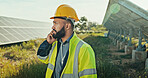 Engineer, solar panel and man with phone call outdoor for photovoltaic plate inspection and maintenance feedback. Worker, talking and planning network integration, quality assurance or safety on farm