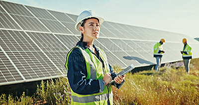 Buy stock photo Solar panel, countryside and woman with tablet, engineering and ecology with problem solving. Inspector, employees and supervisor in field, tech and environment with online schedule or sustainability