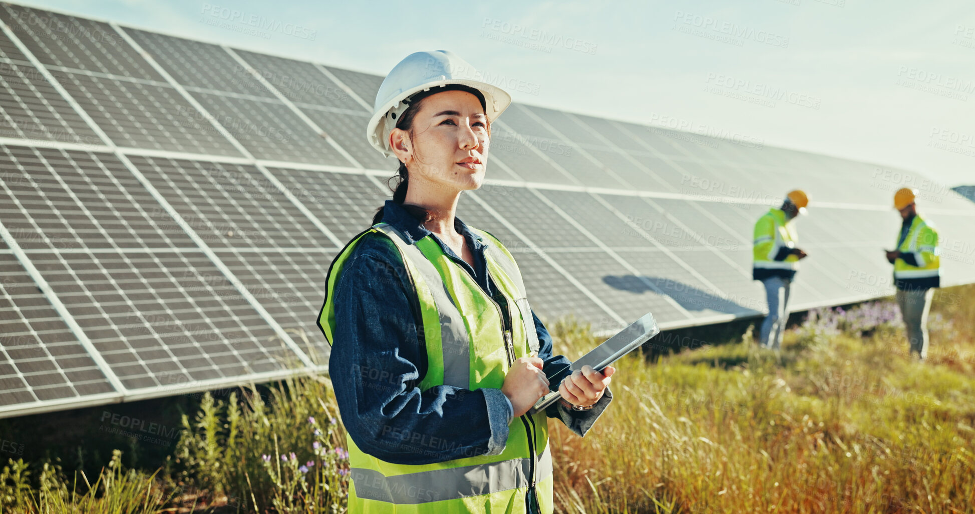 Buy stock photo Solar panel, countryside and woman with tablet, engineering and ecology with problem solving. Inspector, employees and supervisor in field, tech and environment with online schedule or sustainability
