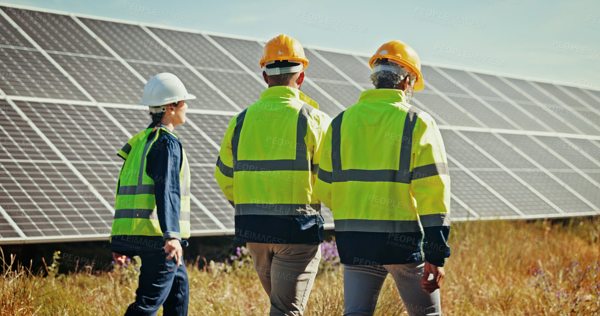 Buy stock photo Solar panel, walking and back with people, teamwork and cooperation for renewable energy project. Group, professional and employees in field, sustainability and inspection with quality control