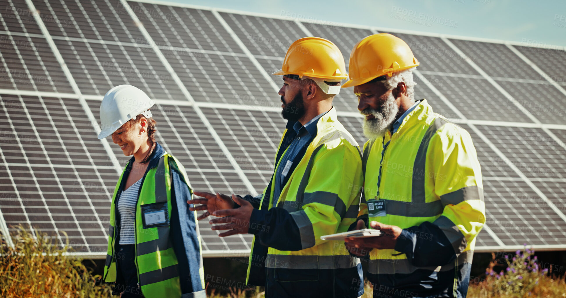 Buy stock photo Business people, technician and discussion with solar panel for photovoltaic, PV installation or renewable energy. Group, engineer or contractors with tablet or technology for eco friendly power