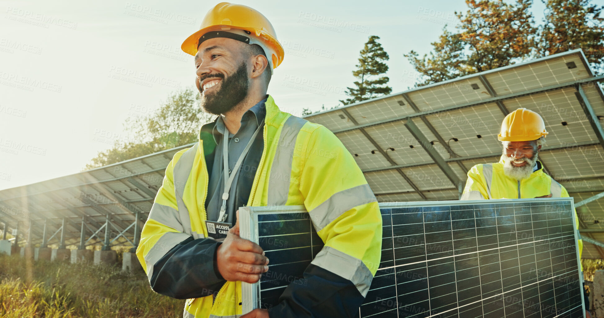 Buy stock photo Solar panels, install and teamwork with people in nature for photovoltaic grid, renewable energy or power generator. Sustainability, electric system or engineer with men and outdoor for maintenance