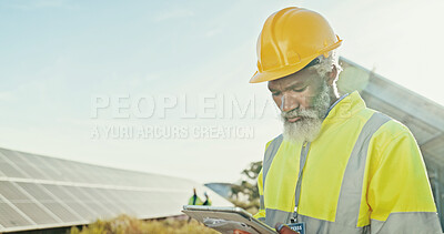 Buy stock photo Solar panel, sustainability and black man with tablet, engineering and internet with problem solving. Inspector, typing and person with tech, quality control and network with app for online schedule