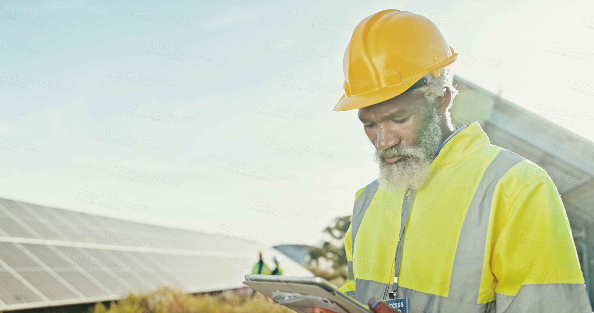 Buy stock photo Solar panel, sustainability and black man with tablet, engineering and internet with problem solving. Inspector, typing and person with tech, quality control and network with app for online schedule