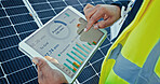 Person, hands and engineer with tablet screen for solar panel graph, diagnostics or photovoltaic software. Closeup, technician or technology display with statistics, chart or app for renewable energy