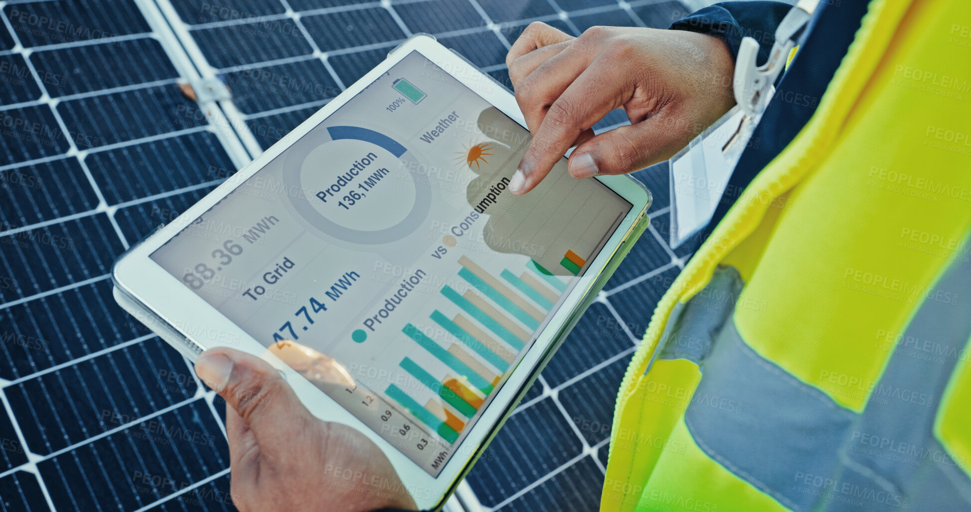 Buy stock photo Person, hands and engineer with tablet screen for solar panel graph, diagnostics or photovoltaic software. Closeup, technician or technology display with statistics, chart or app for renewable energy