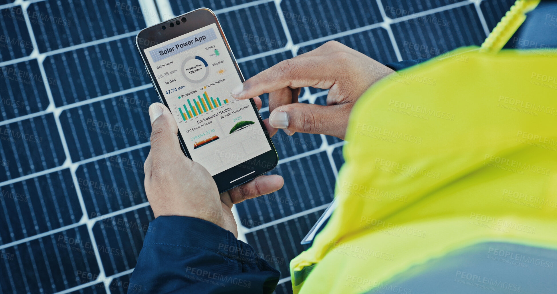 Buy stock photo Person, hands and engineer with phone screen for solar panel diagnostics, software or photovoltaic system. Closeup, technician or employee with mobile smartphone display for renewable energy app