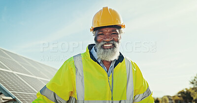 Buy stock photo Black man, portrait and solar electrician at farm, energy saving and supervisor for panel maintenance. Mature person, renewable power supply and outdoor for ecology project, safety helmet and grid