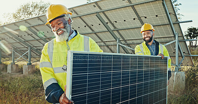 Buy stock photo Solar panels, grid and teamwork with people in nature for photovoltaic install, renewable energy or power generator. Sustainability, electric system or engineer with men and outdoor for maintenance