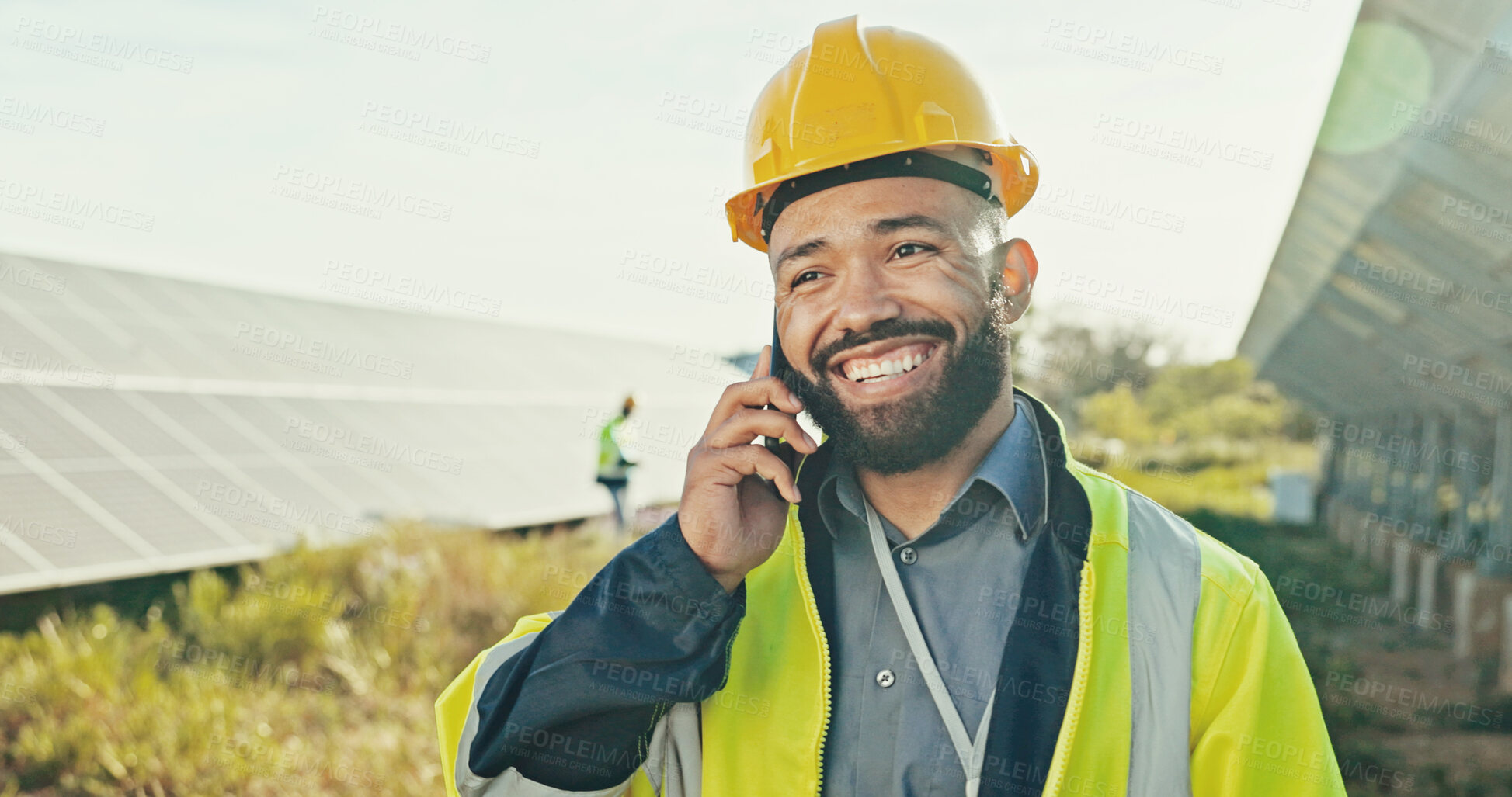 Buy stock photo Happy engineer, solar power and man with phone call for photovoltaic plate inspection and troubleshooting. Electrical worker, client feedback and network integration for quality assurance on field