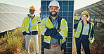 Happy people, portrait and engineer with group for solar panel, renewable energy or photovoltaic system in nature. Team, technician or contractors with smile for alternative power or PV development