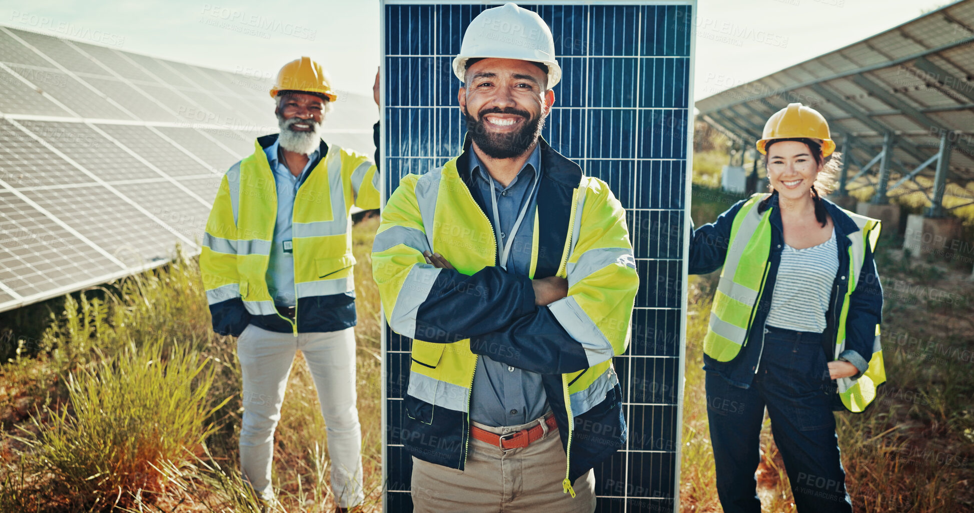 Buy stock photo Happy people, portrait and engineer with group for solar panel, renewable energy or photovoltaic system in nature. Team, technician or contractors with smile for alternative power or PV development