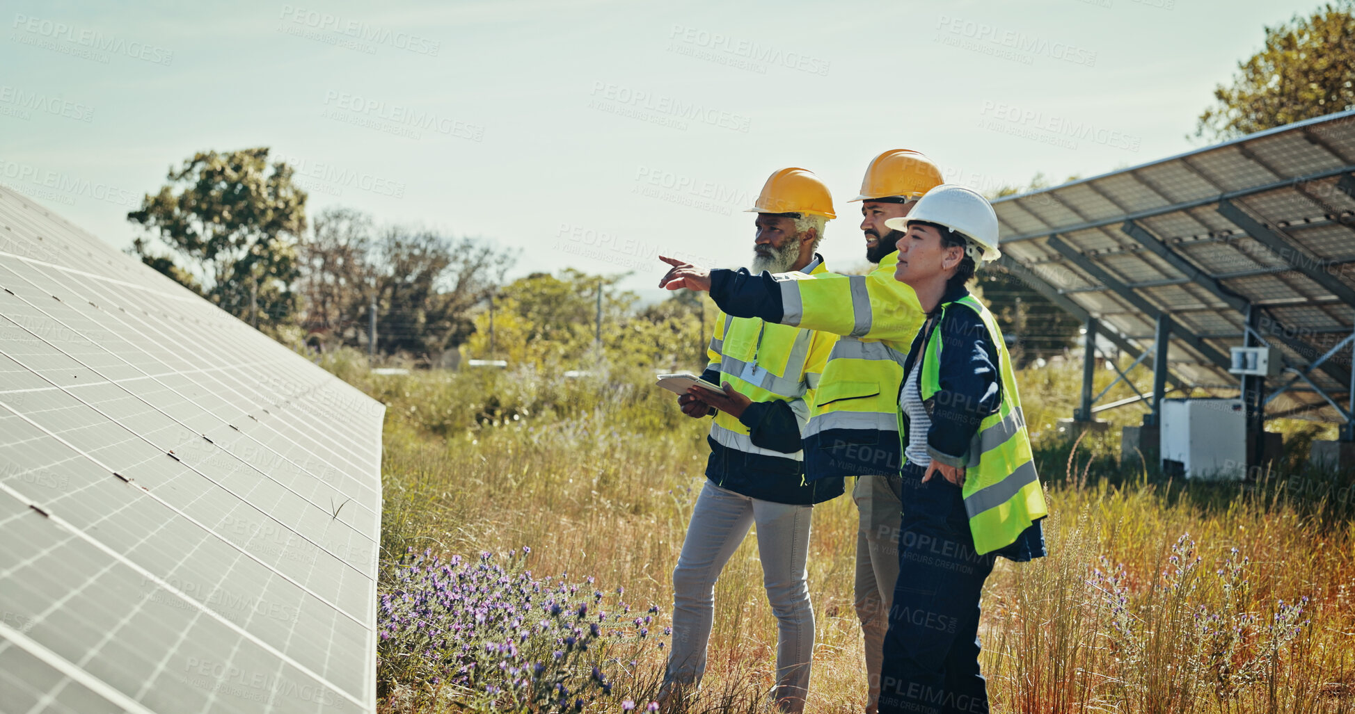 Buy stock photo Technician, team and pointing with solar panel for photovoltaic, PV installation or renewable energy. Business people, engineer or contractors on tablet or technology for eco friendly power in nature