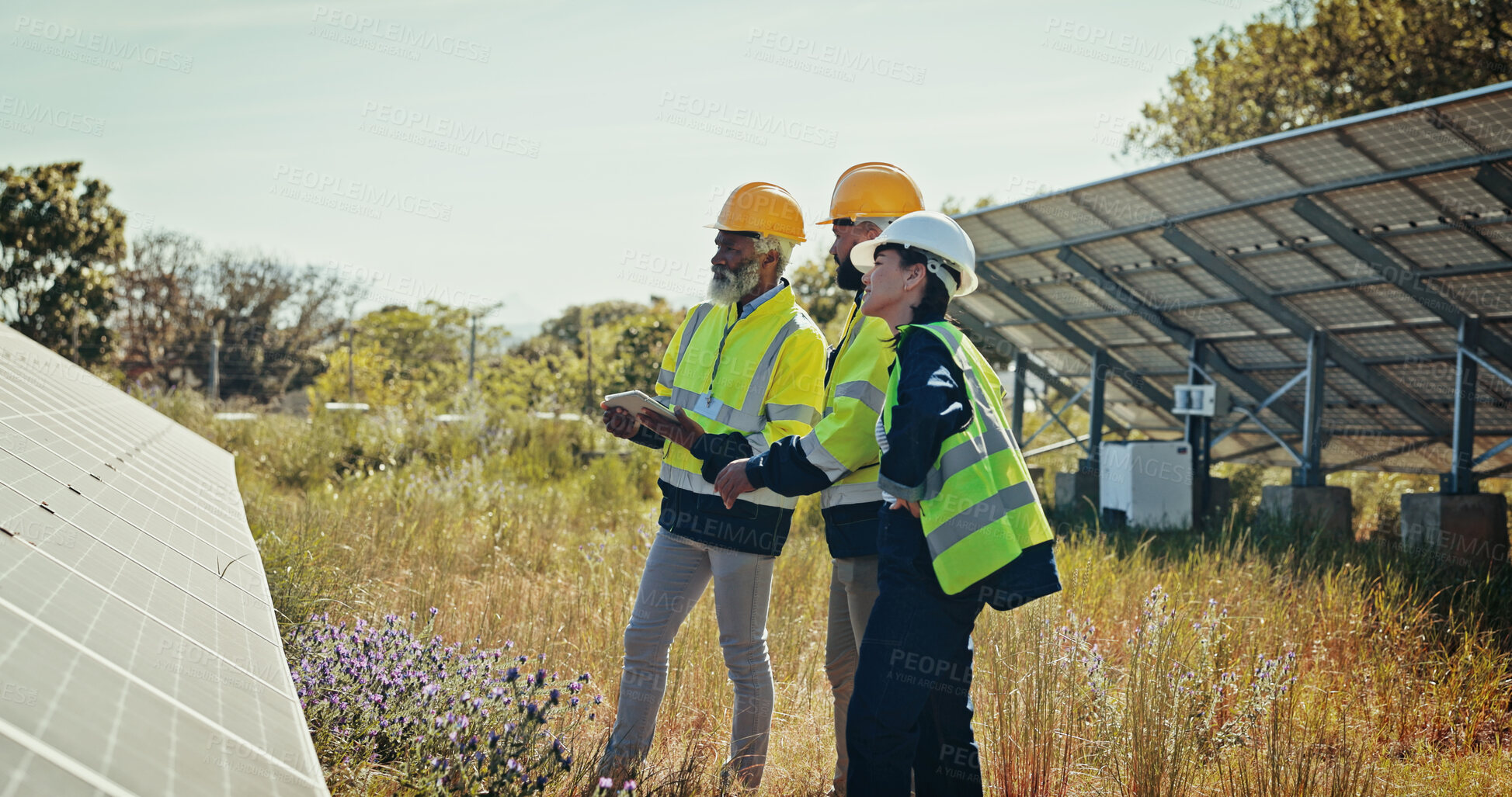 Buy stock photo People, team and installation with solar panel for photovoltaic, PV inspection or renewable energy. Group, engineer or technician contractors on tablet or technology for eco friendly power in nature