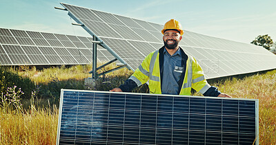 Buy stock photo Man, portrait and happy with solar panel at farm, energy saving and supervisor for maintenance. Male person, renewable power supply and outdoor for ecology project, safety helmet and grid system