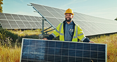 Buy stock photo Man, portrait and outdoor with solar panel at farm, energy saving and supervisor for maintenance. Male person, renewable power supply and nature for ecology project, safety helmet and grid system