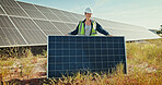 Solar panel, portrait and woman with engineering, sustainability and countryside with hard hat. Inspector, employee or person with clean energy, electricity maintenance or photovoltaic power grid