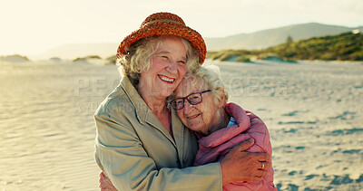 Buy stock photo Hug, friends and holiday with old women at beach for bonding, retirement and happiness. Summer vacation, travel trip and adventure with senior people in outdoors for carefree, paradise and health