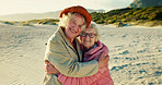 Hug, friends and portrait with old women at beach for bonding, retirement and happiness. Summer vacation, travel trip and adventure with senior people in outdoors for carefree, paradise and health