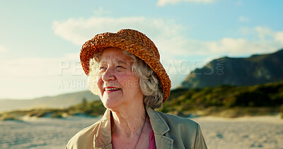 Buy stock photo Happy, beach and senior woman with smile for summer, travel and weekend in Australia. Fashion, sunrise and face of mature person by sea for adventure, fresh air and relax in retirement outdoors