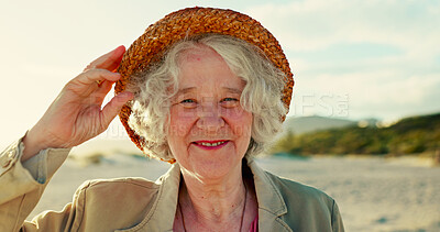 Buy stock photo Happy, beach and portrait of senior woman with smile for summer, travel and weekend in Australia. Morning, sunrise and face of mature person by sea for adventure, journey and relax in retirement