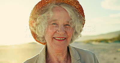 Buy stock photo Portrait, senior woman and beach for retirement or holiday with health, peace and wellness. Elderly, female person and confidence for happiness by ocean for vacation, relax and adventure as pensioner