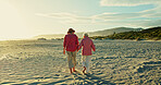 Holding hands, friends and back with old women at beach for bonding, retirement and happiness. Summer vacation, travel trip and adventure with senior people for carefree, paradise and health